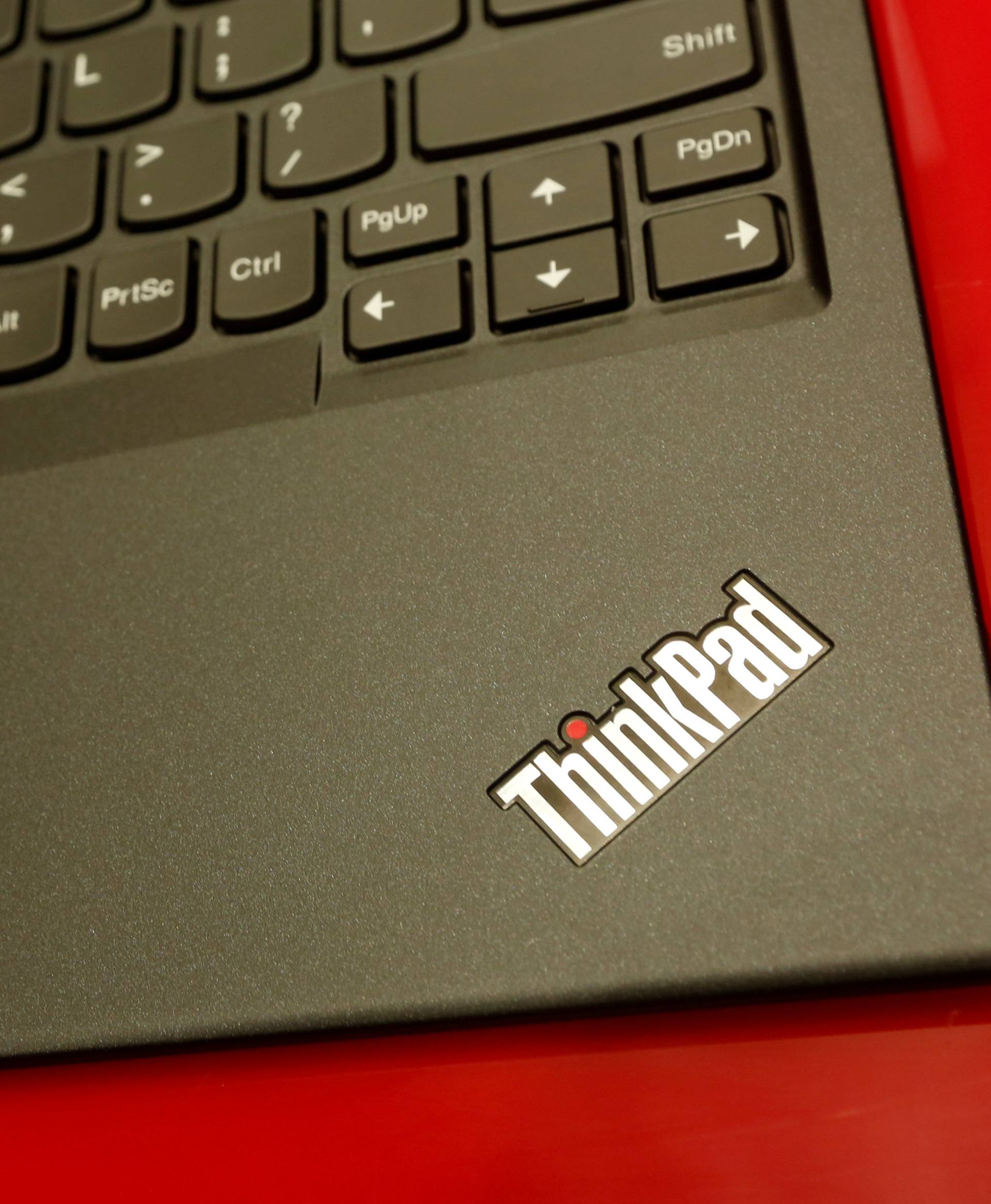 A product of Lenovo is displayed during a news conference on the company's annual results in Hong Kong