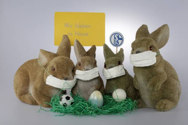 firo: 06.04.2020 Easter 2020, Easter bunnies with face mask and Schalke logo Fuvuball is canceled and all fans have to stay at home Easter bunny family with poster, We stay at home, Easter eggs, Easter basket, Easter party, Feature Die Ost