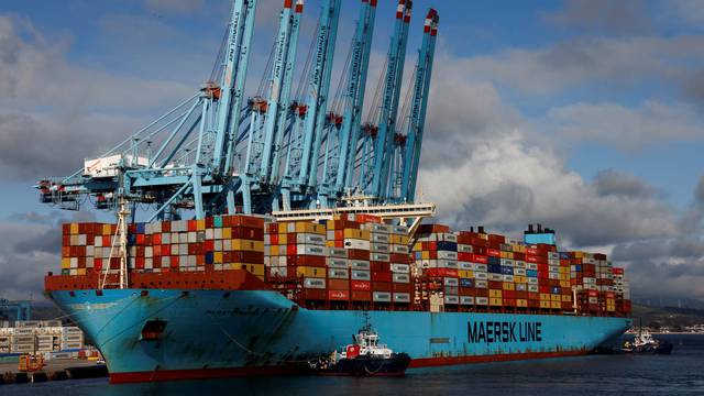 FILE PHOTO: Containers are seen on the Maersk's Triple-E giant container ship Majestic Maersk in the port of Algeciras