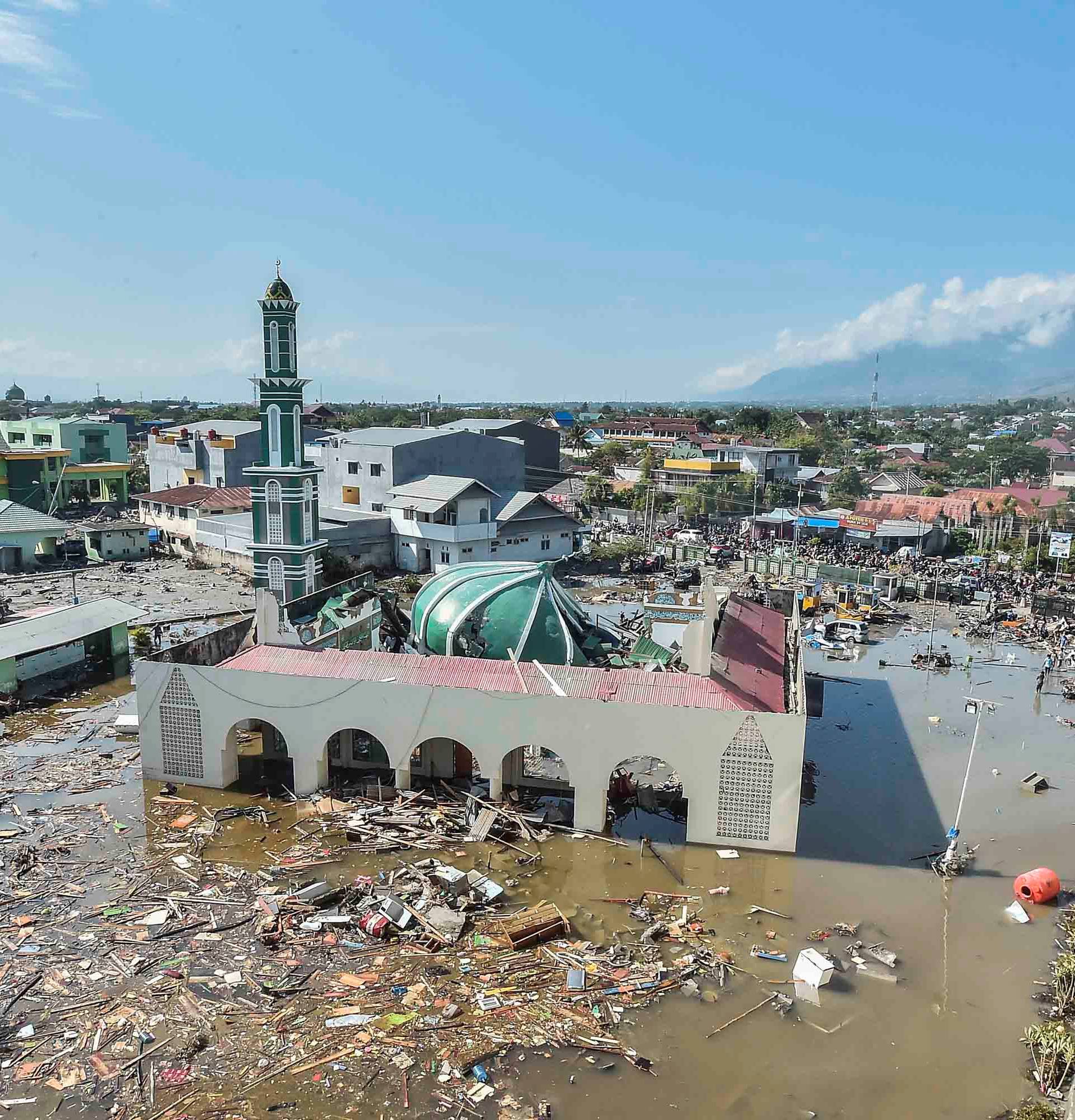An aerial view of the Baiturrahman mosque which was hit by a tsunami, after a quake in West Palu