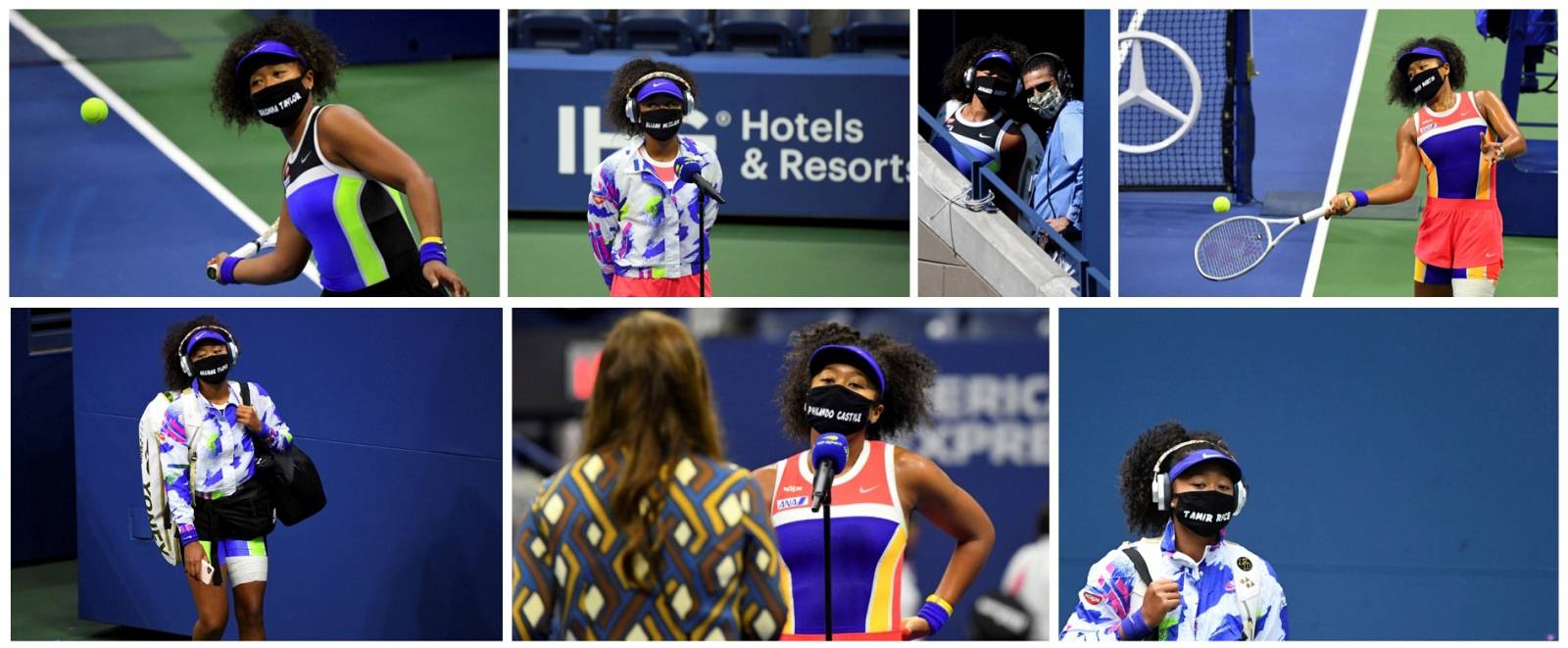 A combination picture shows tennis player Naomi Osaka of Japan wearing protective face masks to honor Breonna Taylor, Trayvon Martin, George Floyd, Philando Castile, Elijah McClain, Ahmaud Arbery and Tamir Rice during the 2020 U.S. Open tennis tournament