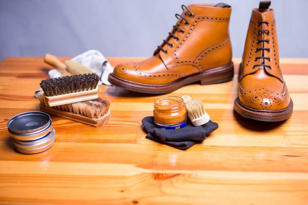 Footwear Ideas and Concepts. Close-up of Premium Tan Brogue Leat