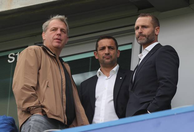 LONDON, ENGLAND, AUGUST 30: Todd Boehly co owner of Chelsea alongside Laurence Stewart & Paul Winstanley Sporting Director of Chelsea during the Premier League match between Chelsea v Brighton & Hove Albion at Stamford Bridge Stadium, London, England, on 