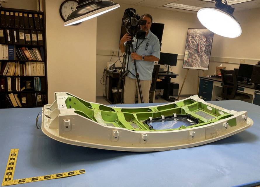 FILE PHOTO: Alaska Airlines flight 1282 door plug is seen at National Transportation Safety Board (NTSB) headquarters in Washington