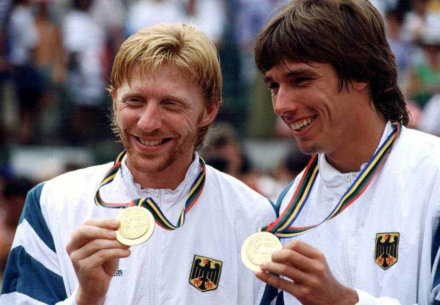 Boris Becker li und Michael Stich beide Deutschland sind Doppel Olympiasieger 1992
