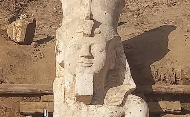 A section of a limestone statue of Ramses II unearthed by an Egyptian-U.S. archaeological mission in El Ashmunein