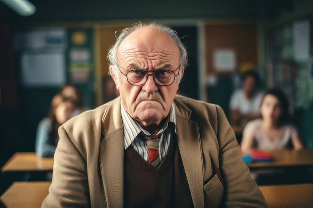 Grumpy Old Teacher Surrounded by Diverse Students in an Old Classroom Setting