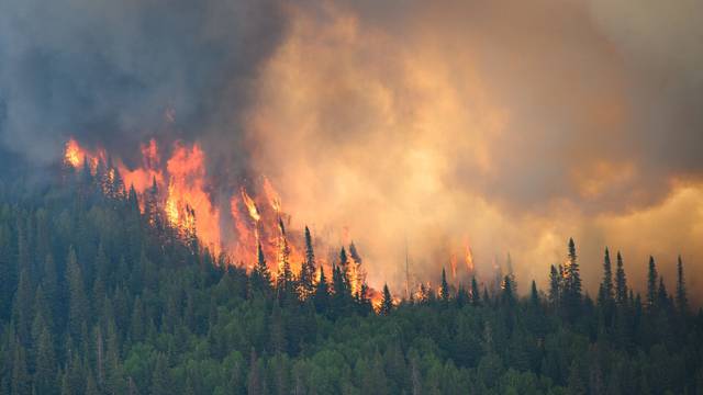 Flames reach upwards along the edge of a wildfire as seen from a Canadian Forces helicopter in Quebec
