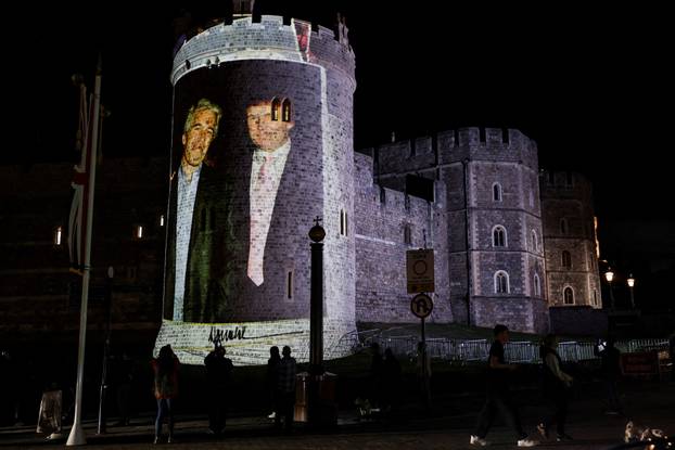 Image of U.S. President Donald Trump alongside disgraced financier Jeffrey Epstein is projected on Windsor castle