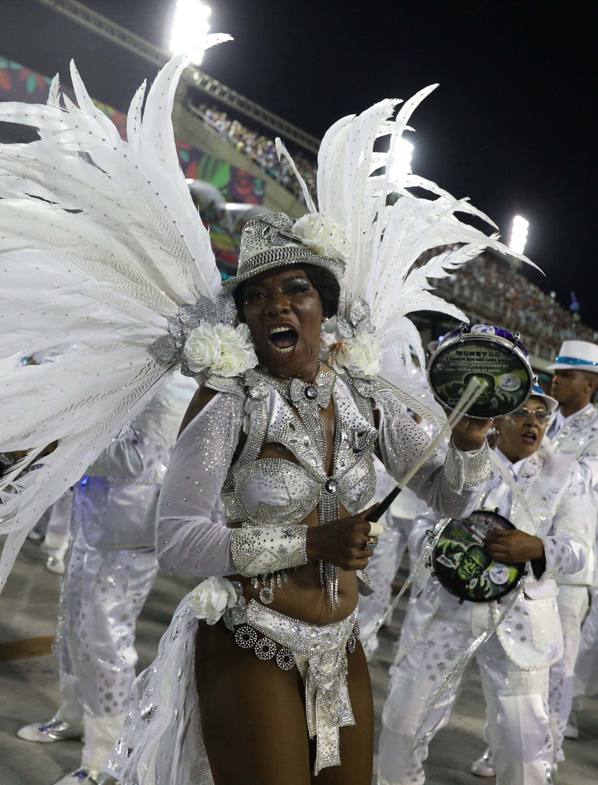 Revellers from Beija-Flor samba school perform during the second night of the Carnival parade at the Sambadrome in Rio de Janeiro