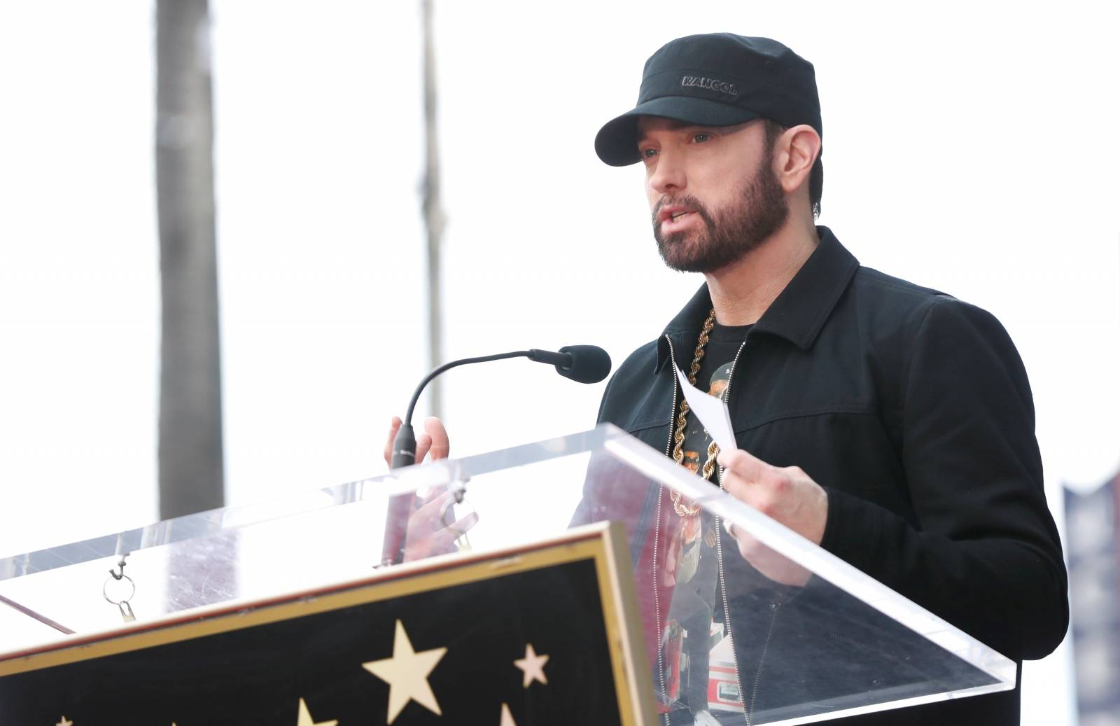 Eminem speaks before the unveiling of the star for rapper Curtis "50 Cent" Jackson on the Hollywood Walk of Fame in Los Angeles