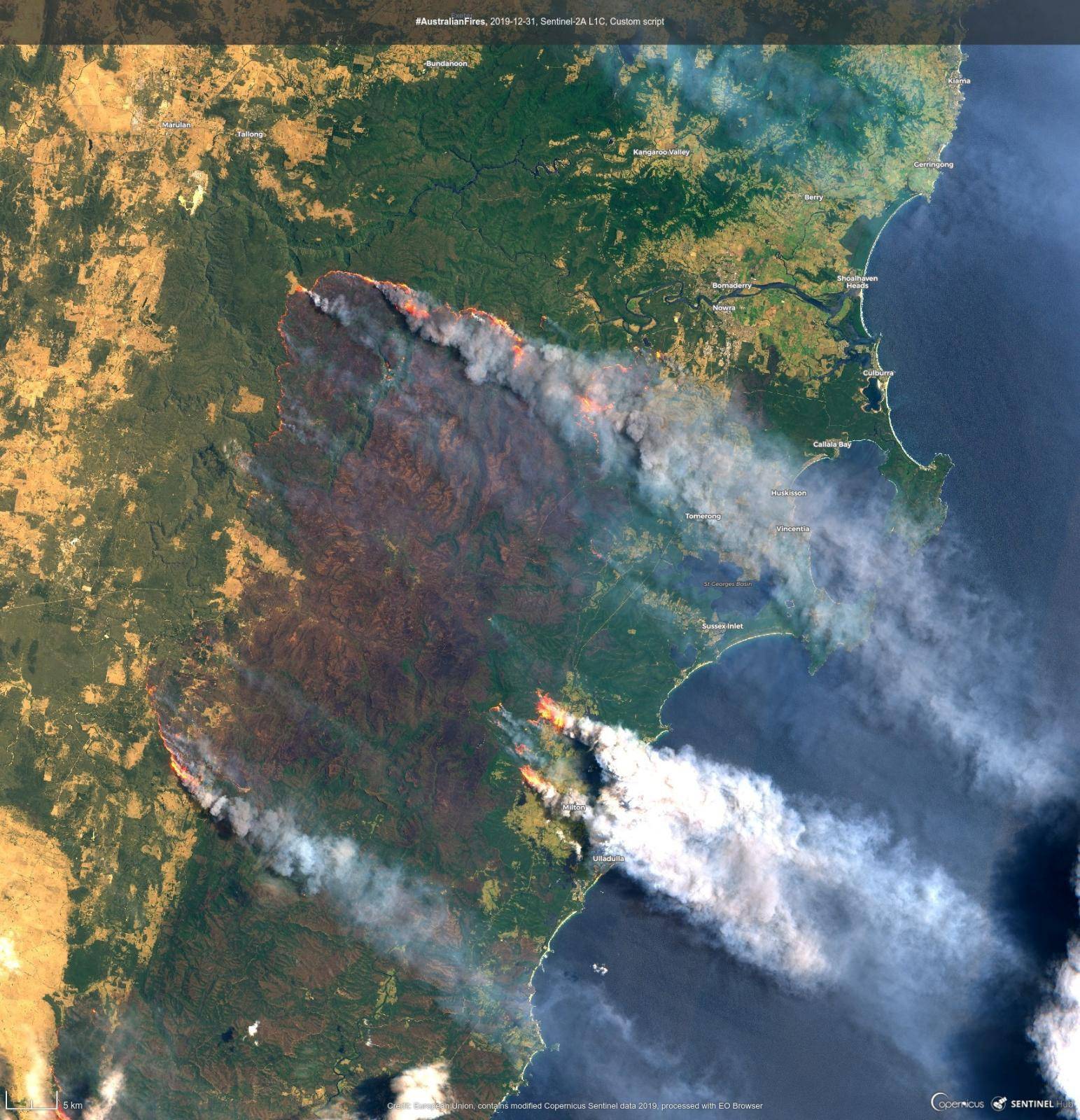 A December 31, 2019 satellite view of the Clyde Mountain in Australia