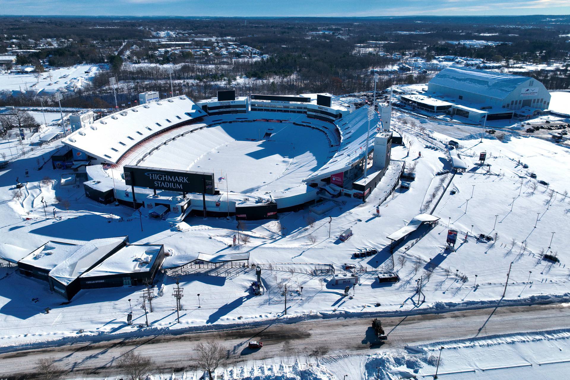 The Buffalo Bills' NFL team's Highmark Stadium is covered in snow after a recent storm in Orchard Park