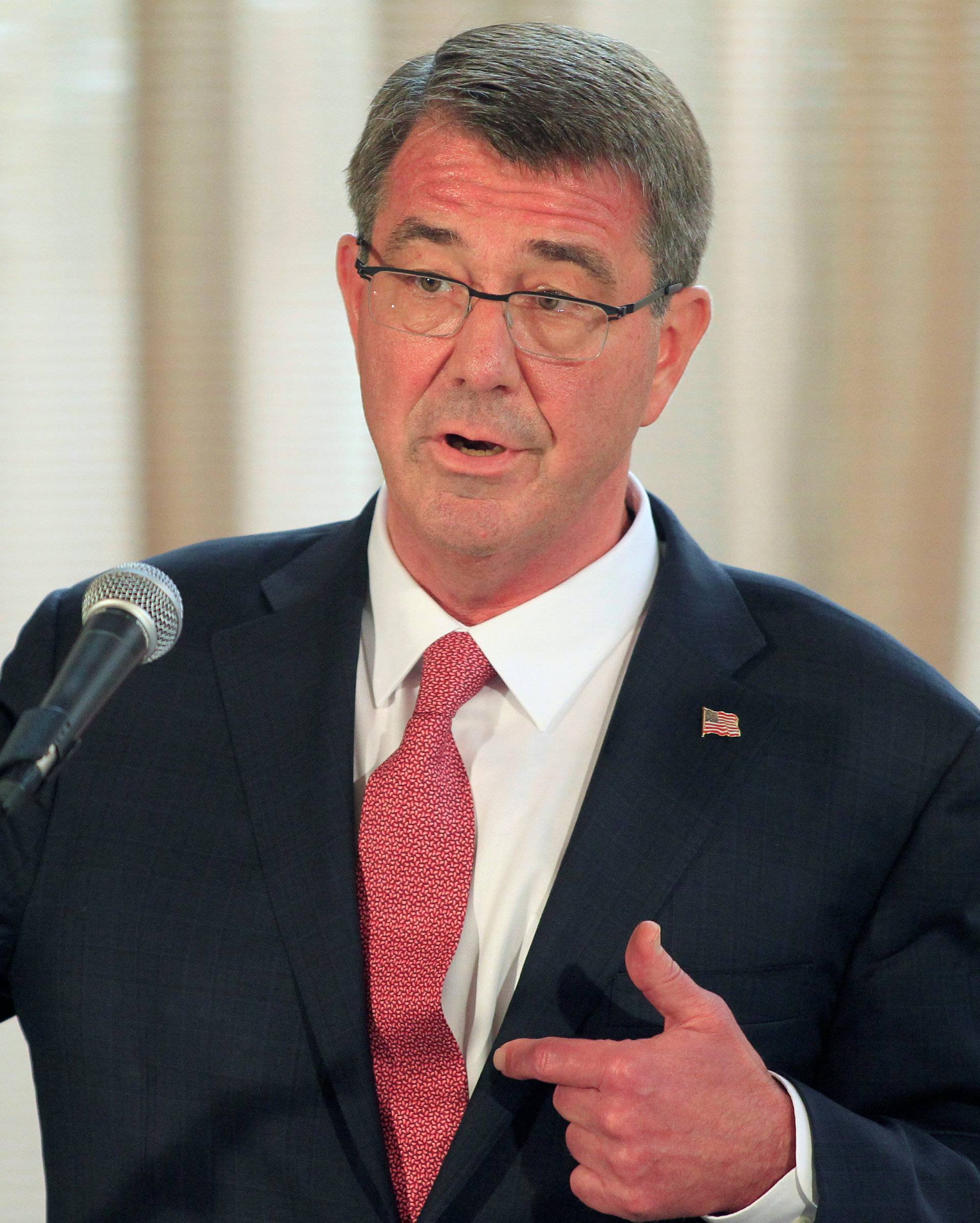 Visiting U.S. Defense Secretary Ash Carter gestures during a joint press conference with his Filipino counterpart Voltaire Gazmin at the presidential palace in Manila  