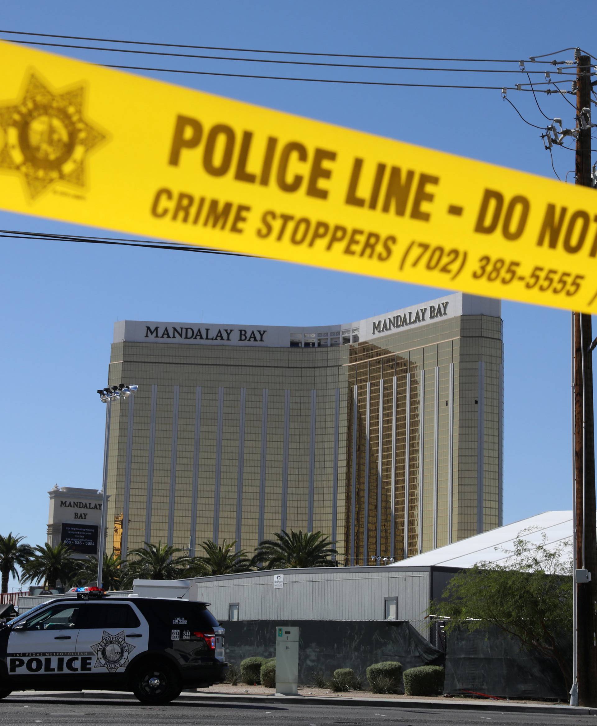 The site of the Route 91 music festival mass shooting is seen outside the Mandalay Bay Resort and Casino in Las Vegas