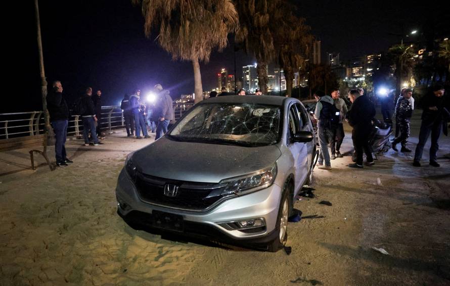 Aftermath of a drone strike targeting a car in Ramlet al-Baida at Corniche Beirut, following an escalation between Hezbollah and Israel amid the U.S.-Israeli conflict with Iran