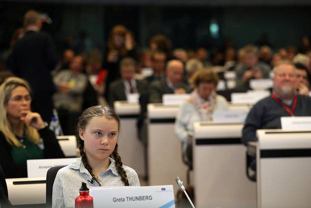 Swedish environmental activist Greta Thunberg attends a conference in Brussels