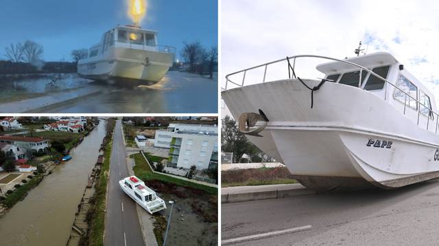 VIDEO Brod u Ninu koji je bujica nanijela na cestu još stoji tamo: 'Čekamo. Nemamo kud s njim...'