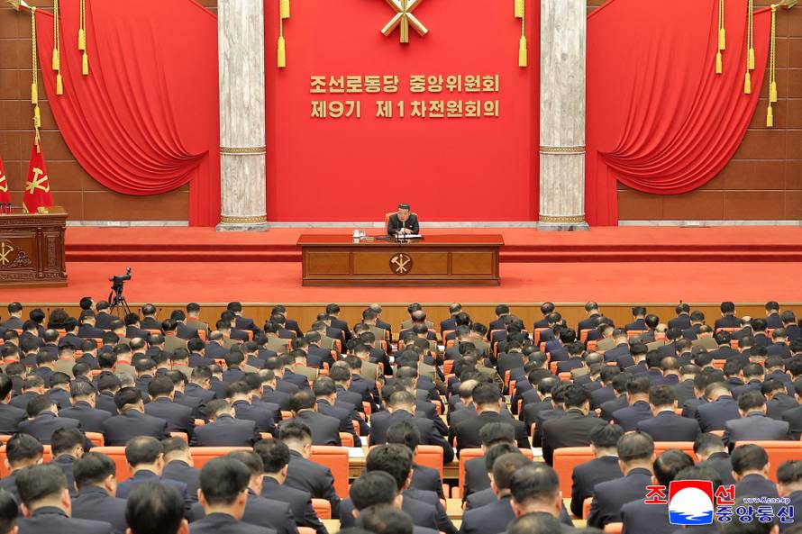 North Korean leader Kim Jong Un speaks during the expanded meeting of the first plenary meeting of the Ninth Central Committee of the Workers' Party of Korea (WPK), in Pyongyang