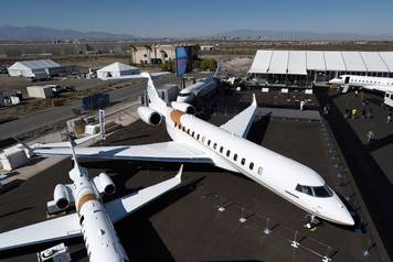 An aerial view of Bombardier's new Global 7000 business jet is seen during the National Business Aviation Association at the Henderson Executive Airport in Henderson
