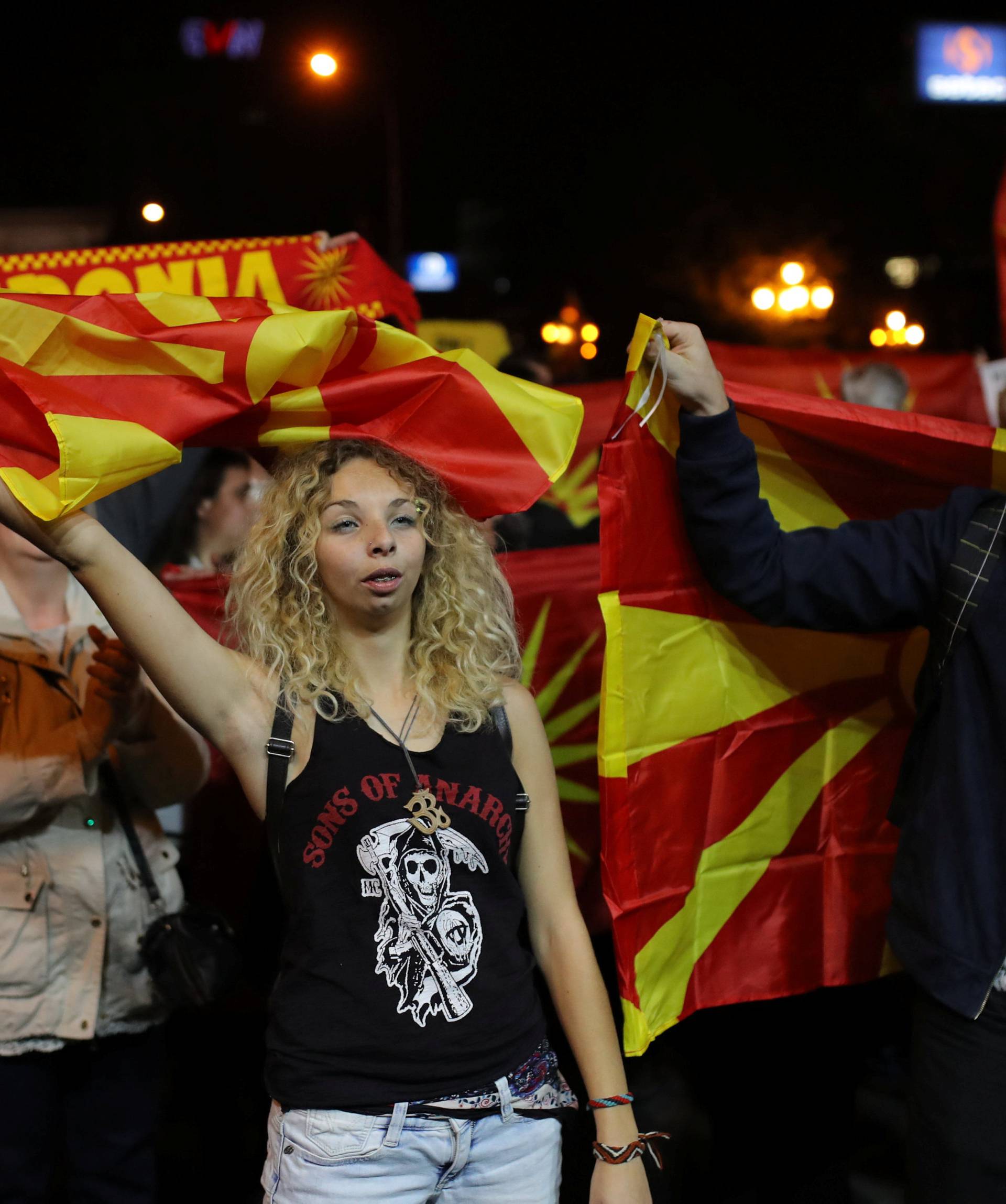 Protesters shout out slogans about boycott referendum on changing the country's name that would open the way for it to join NATO and the European Union in Skopje
