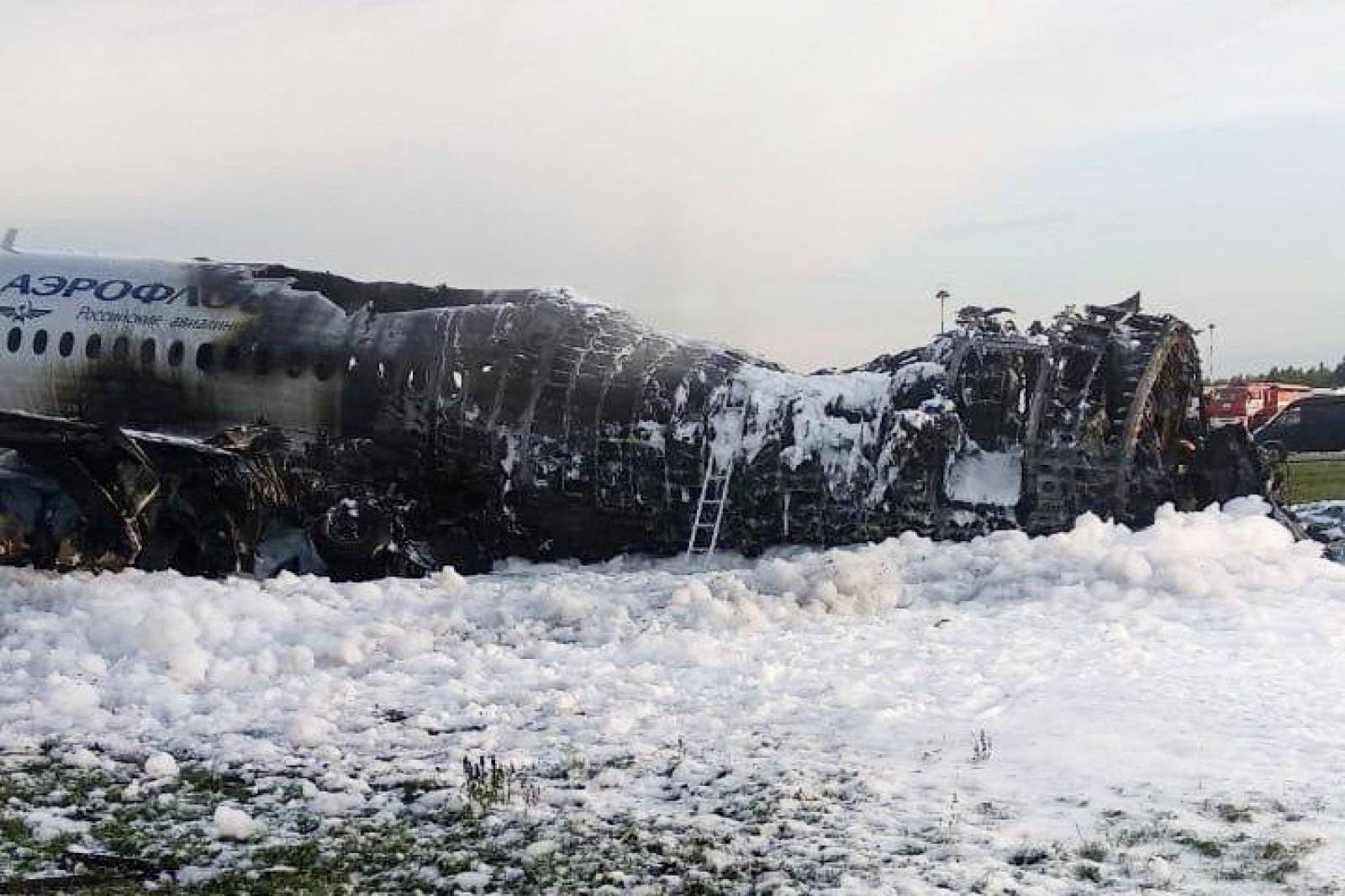 A view shows a damaged Aeroflot Sukhoi Superjet 100 passenger plane after an emergency landing at Moscow's Sheremetyevo airport