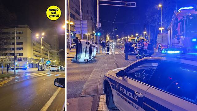VIDEO Krš i lom u Zagrebu.  Auto završio na boku nakon nesreće. Policija: Ozlijeđena maloljetnica