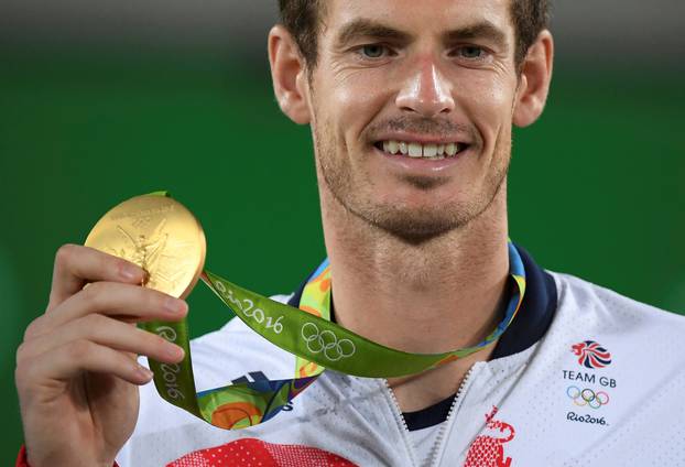 FILE PHOTO: Andy Murray of Britain with Olympic gold at Olympic Tennis Centre - Rio de Janeiro, Brazil - 14/08/2016