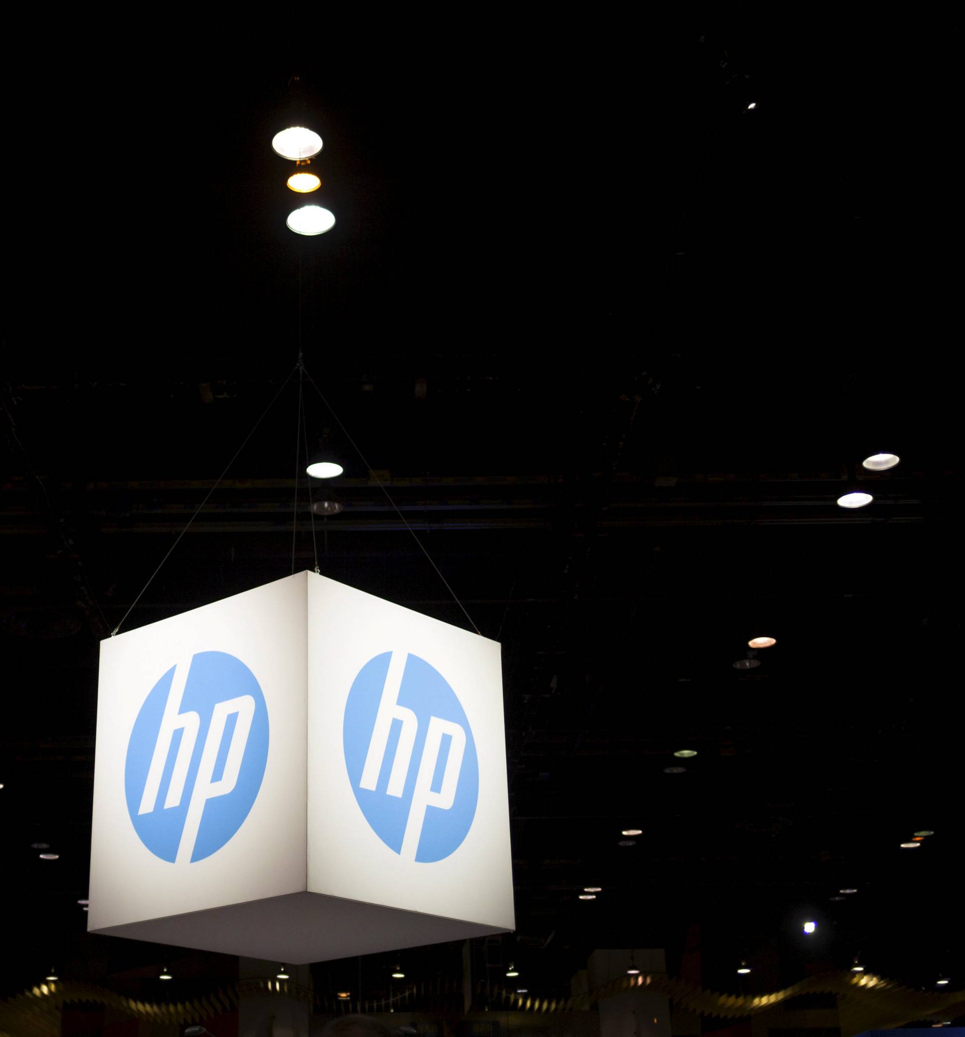 The Hewlett-Packard (HP) logo is seen as part of a display at the Microsoft Ignite technology conference in Chicago