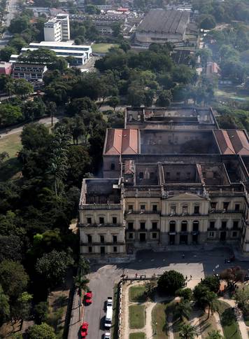 An aerial view of the National Museum of Brazil after a fire burnt it in Rio de Janeiro