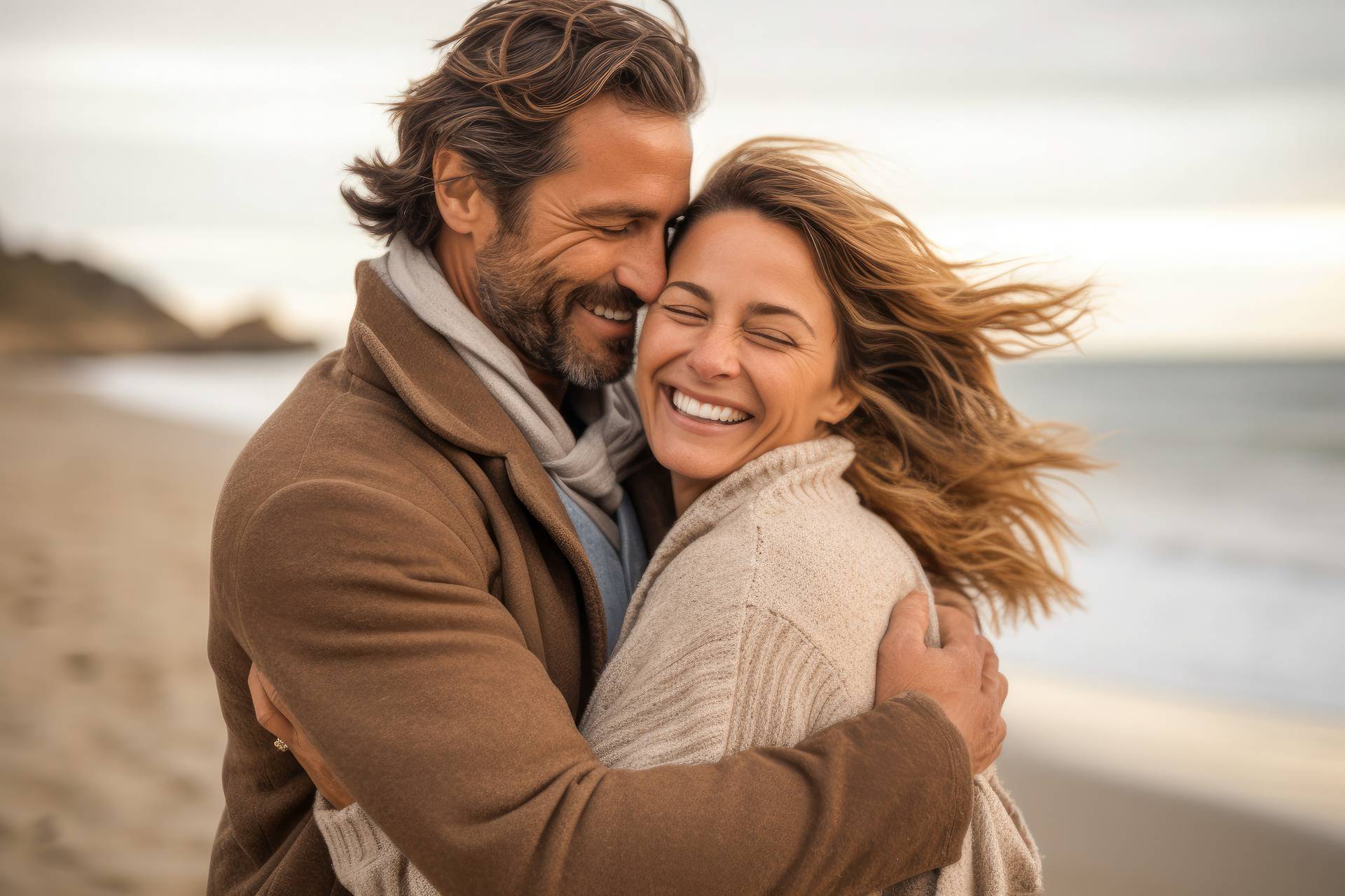 Joyful middle aged couple, a man and woman, sharing a loving hug on a beach, generative ai