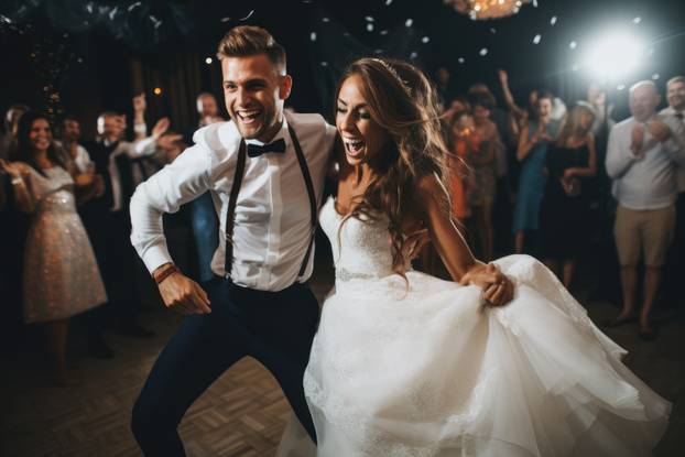 A photo capturing a joyous moment as the bride and groom dance t