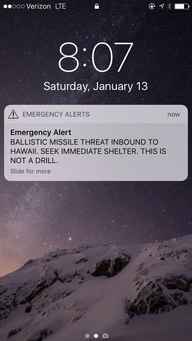 A screen capture from the Twitter account of Congresswoman Tulsi Gabbard (D-HI) shows a missile warning for Hawaii