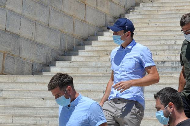 Manchester United captain Harry Maguire, who was detained on the island of Mykonos, leaves a court building on the island of Syros