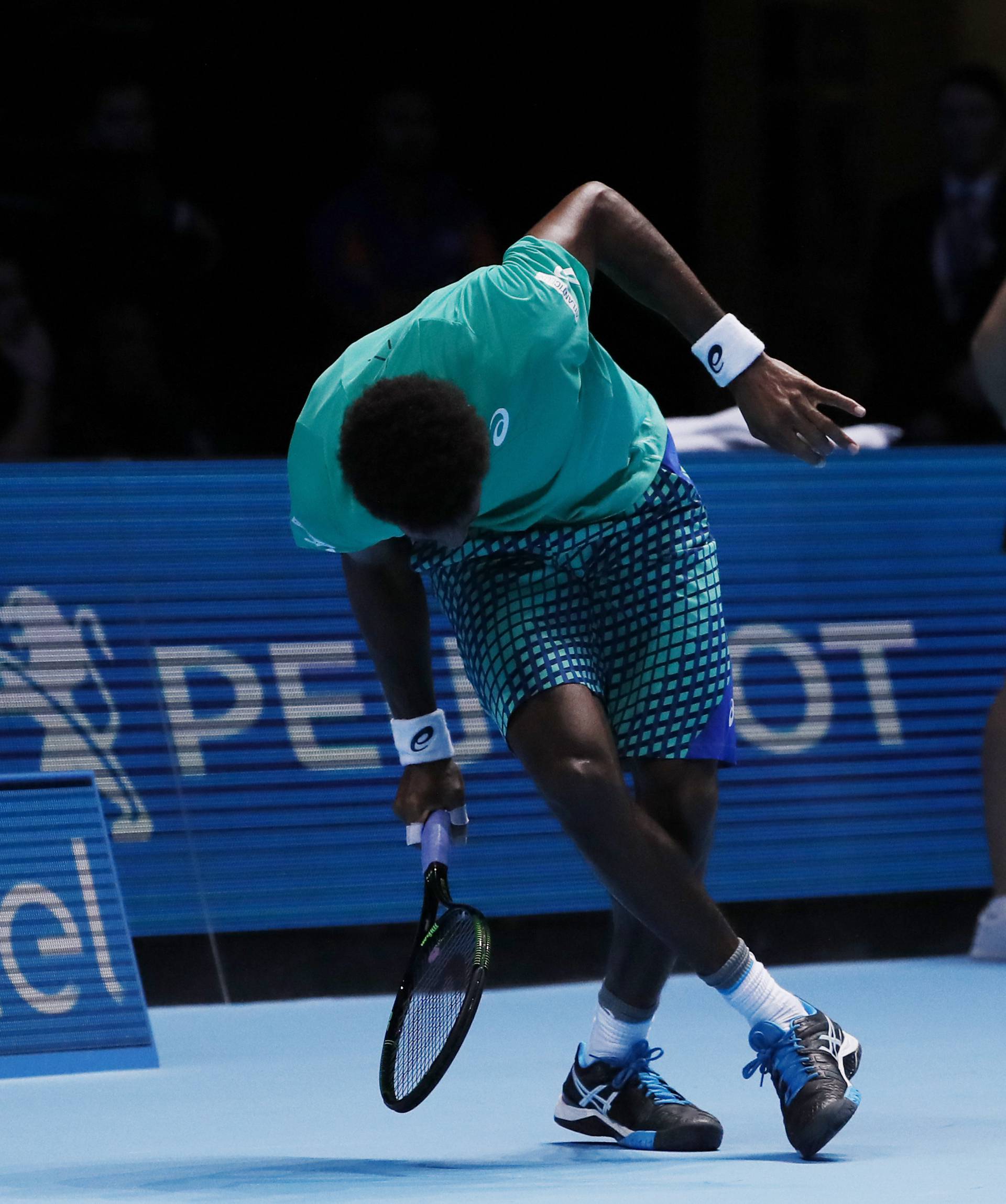 France's Gael Monfils reacts during his round robin match with Austria's Dominic Thiem