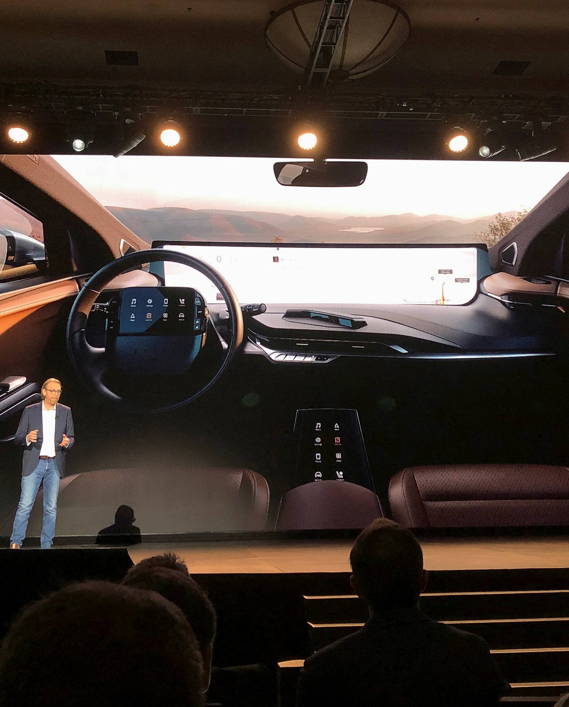 Benoit Jacob, head of design for Byton, speaks about the 48-inch screen inside the company's electric vehicle, set for production later in 2019, during the 2019 CES in Las Vegas