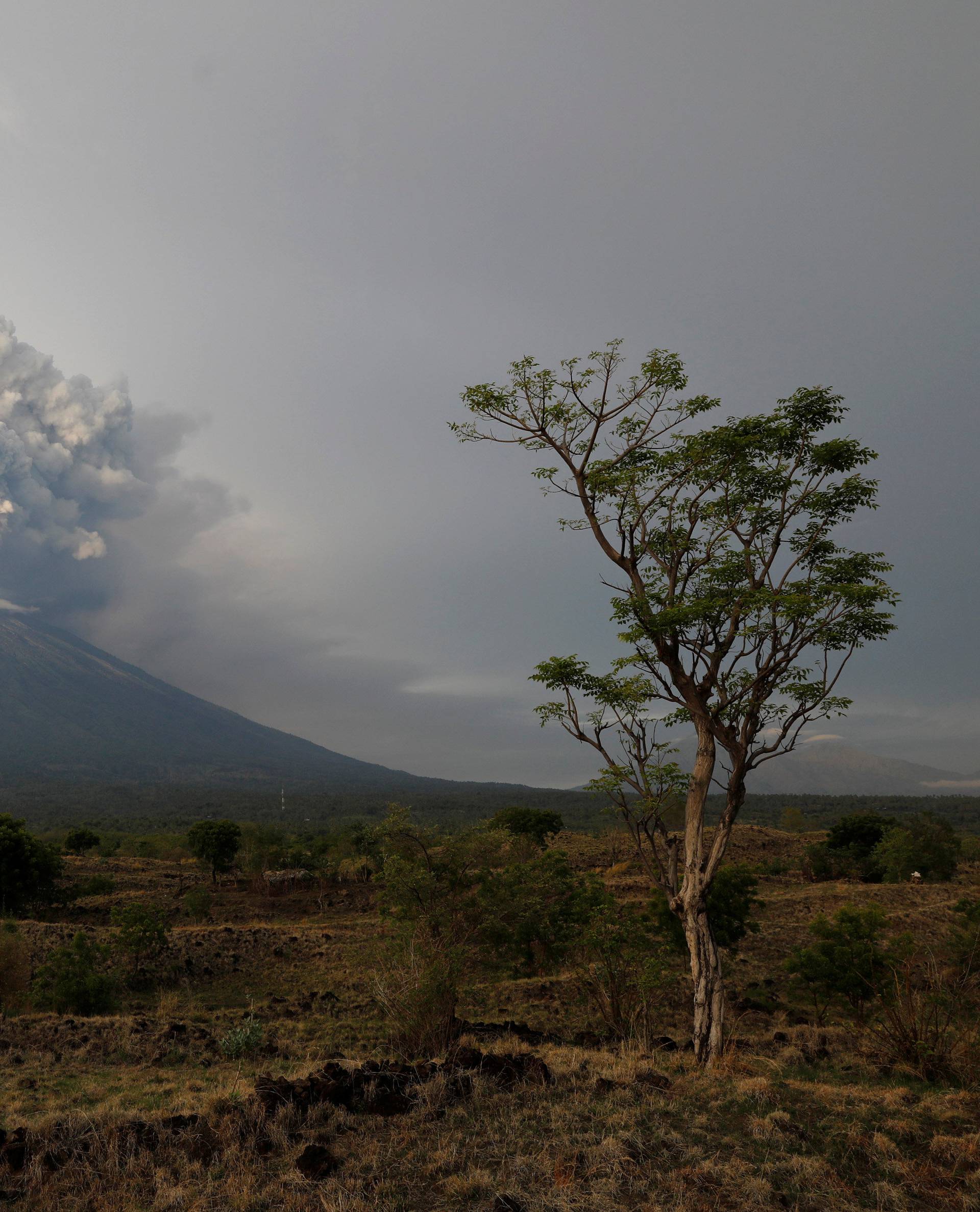 Mount Agung volcano erupts as seen from Kubu