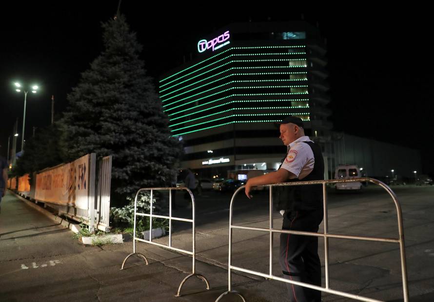 Security blocks the entrance to the Topos Congress hotel in the soccer World Cup host city of Rostov-on-Don