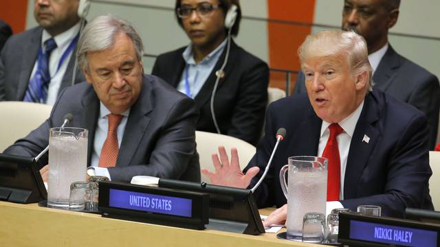 U.S. President Trump speaks during a session at UN Headquarters in New York