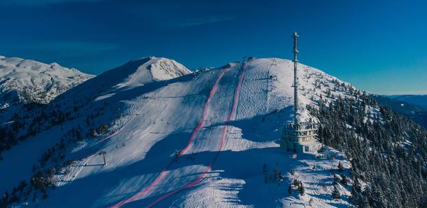 Aerial panorama of ski slope of Krvavec in Slovenia, visible TV 