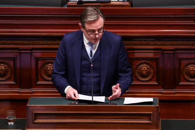 Members of the new Belgian government gather at the Belgian Parliament in Brussels