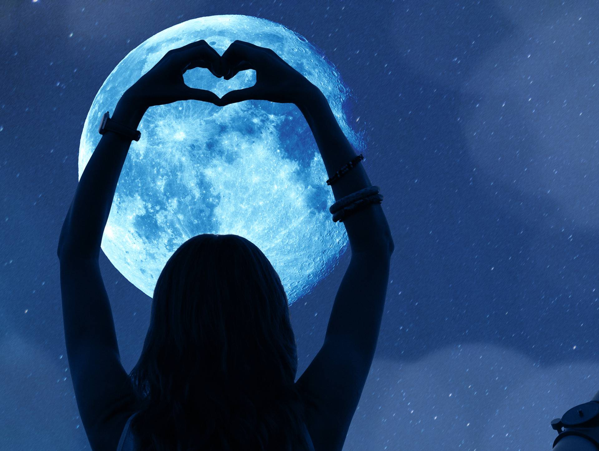 Girl holding a heart - shape with telescope, Moon and stars. My astronomy work.