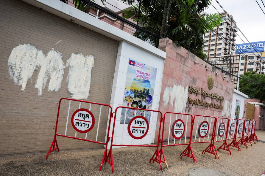 A general view in front of the Royal Embassy of Cambodia, after Thailand has recalled its ambassador to Cambodia an expelled Cambodia's ambassador, amid border disputes in Bangkok