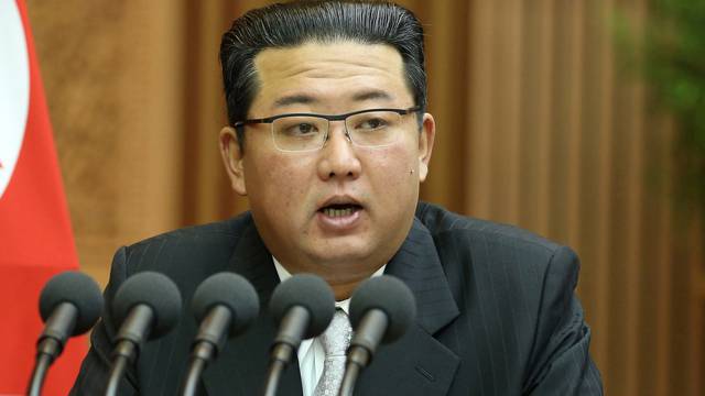 North Korean leader Kim Jong Un delivers a policy speech at the second-day sitting of the 5th Session of the 14th Supreme People's Assembly (SPA) of the Democratic People's Republic of Korea (DPRK) at the Mansudae Assembly Hall in Pyongyang