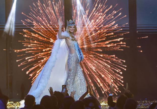 Czech Republic's Krystyna Pyszkova waves after being crowned Miss World at the 71st Miss World finale in Mumbai