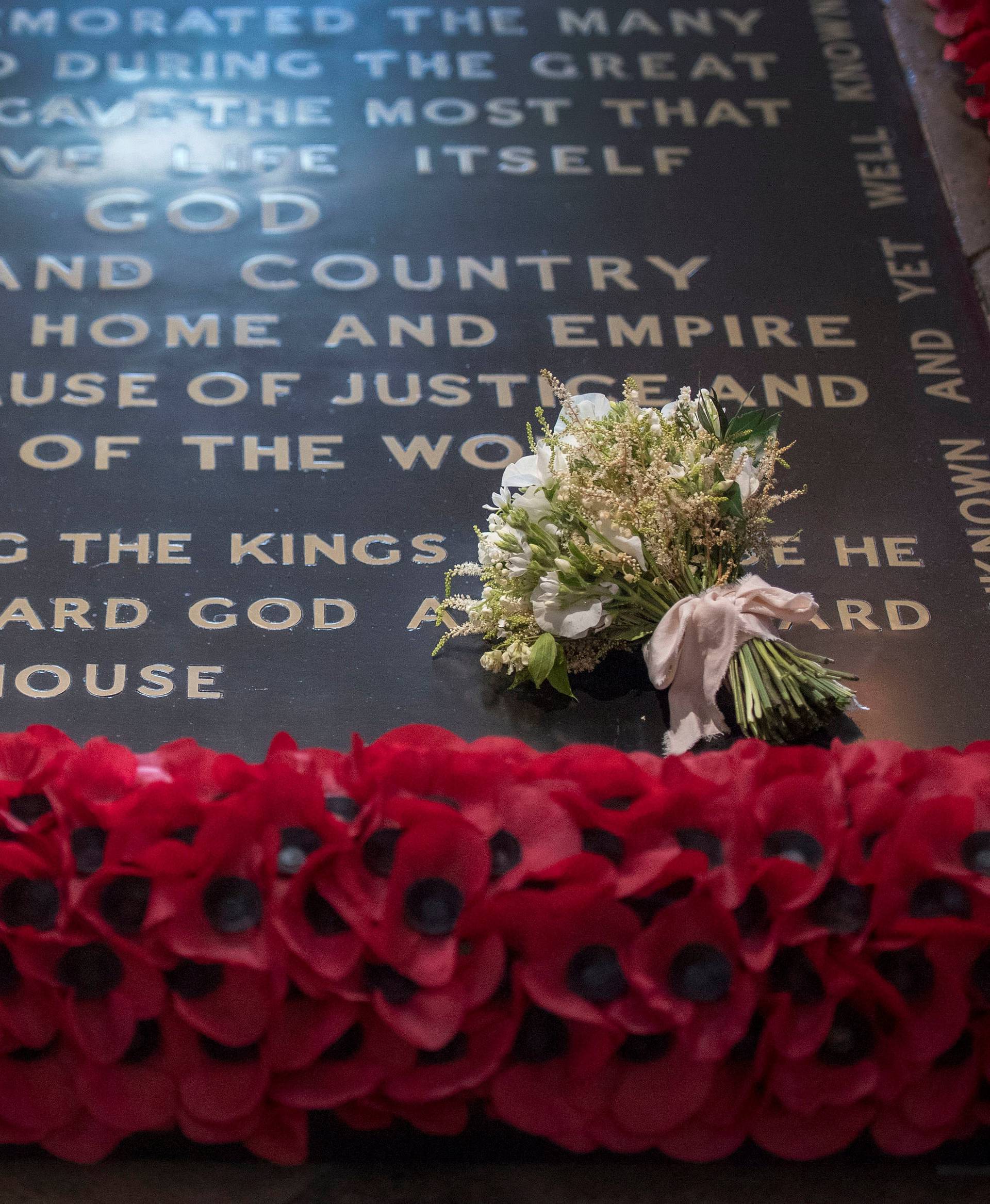 Meghan Markle's wedding bouquet lies on the grave of the Unknown Warrior in the west nave of Westminster Abbey, London