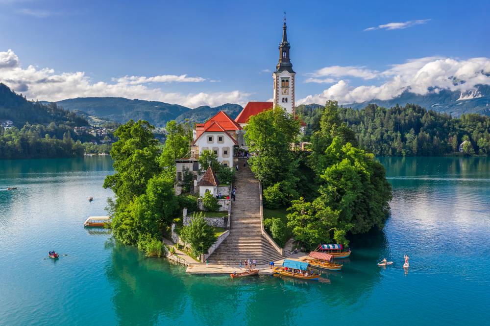 Bled,,Slovenia,-,Aerial,View,Of,Beautiful,Pilgrimage,Church,Of
