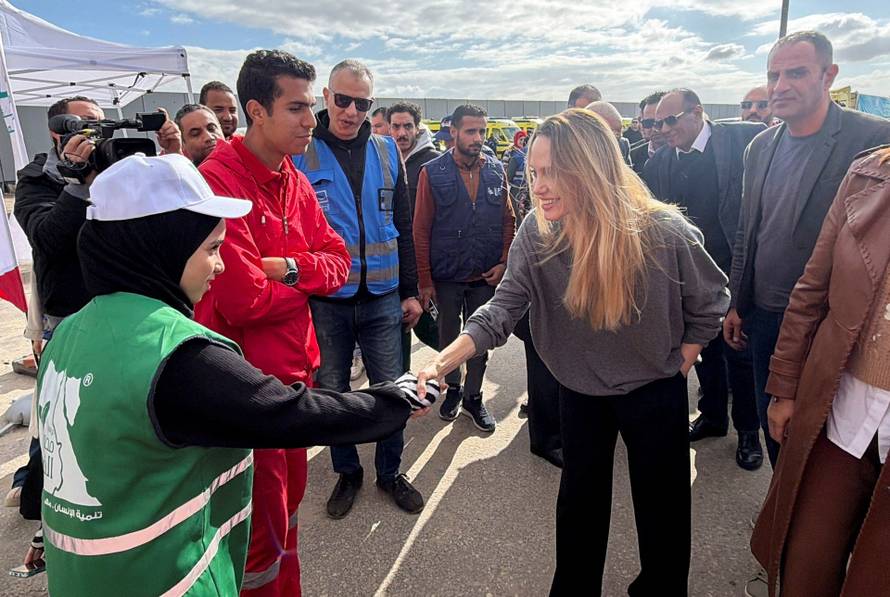 Actor Angelina Jolie visits near the Rafah border crossing between Egypt and the Gaza Strip, in Rafah, Egypt