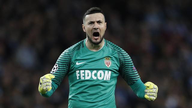 Monaco's Danijel Subasic celebrates their first goal