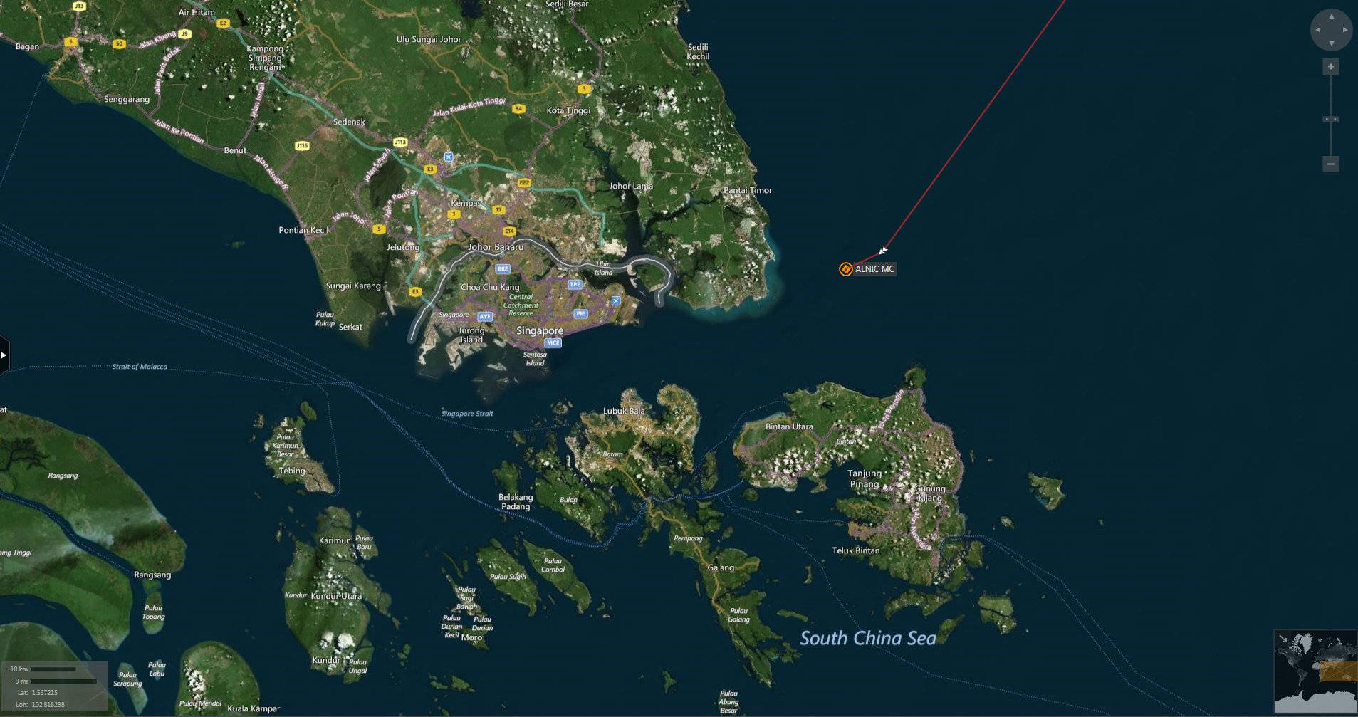 A map shows the location where the Alnic MC merchant vessel came to a halt after a collision with the guided-missile destroyer USS John S. McCain east of Singapore